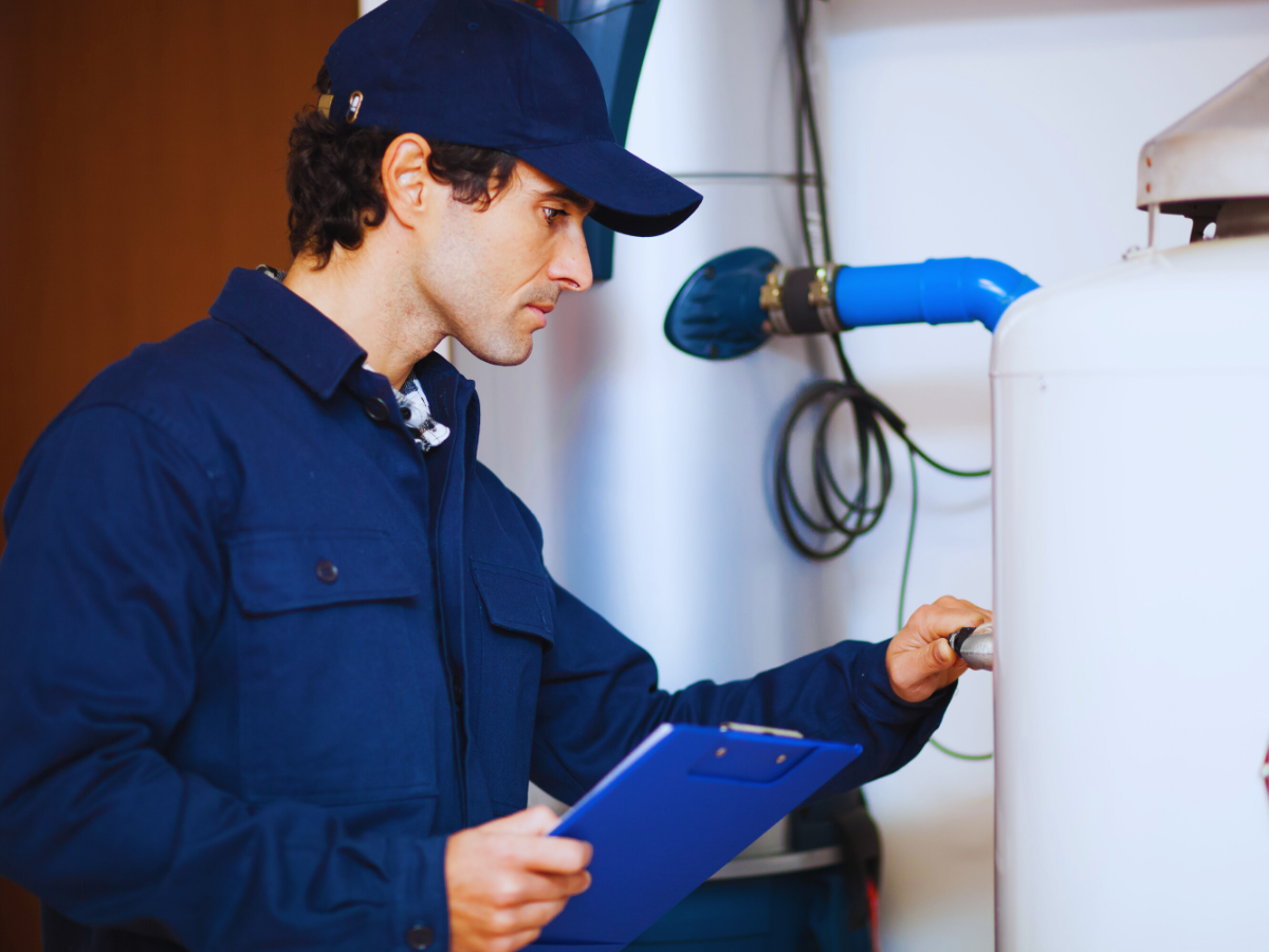 Plumber inspecting water heater
